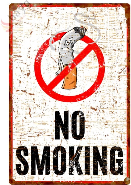 No Smoking, Hasta Karikatürlü Pas Görünümlü Sigara Içmek Yasaktır Dekoratif Alüminyum Uyarı Levhası