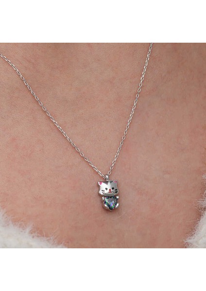 Gümüş Mistik Topaz Taşlı Sevimli Kedi Kolye fırsatları
