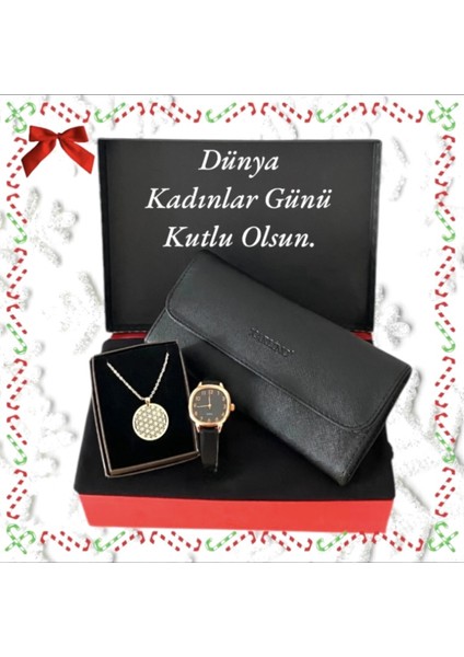 Hediye Seti Kadın Siyah Kol Saati-Penye Şal -Carlino Cüzdan-Kolye