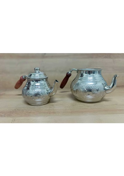 Bakır Nikelli Orta Boy Tuğra Desenli Çaydanlık Seti