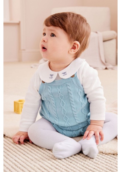 Pamuklu Mavi Örgü Salopet Bebe Yaka Ayı Işlemeli Body Zıbın Çorap Set