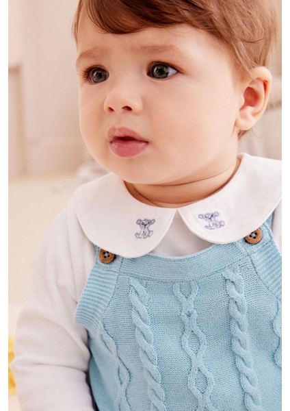 Pamuklu Mavi Örgü Salopet Bebe Yaka Ayı Işlemeli Body Zıbın Çorap Set