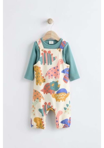 Pamuklu Dinazor Desenli Bebek Body Zıbın Salopet Takımı