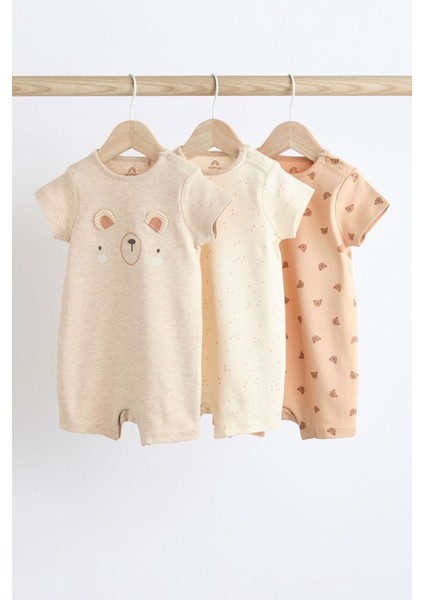 Pamuklu Krem Ayıcık Desenli 3’lü Romper Set