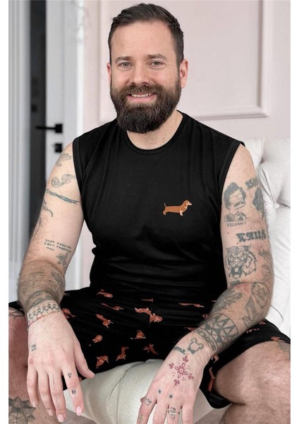 Siyah Dasch Baskılı Sıfır Kol Şortlu Erkek Pijama Takımı