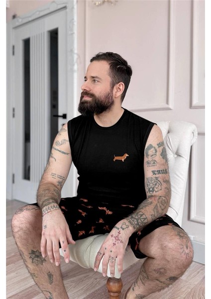 Siyah Dasch Baskılı Sıfır Kol Şortlu Erkek Pijama Takımı