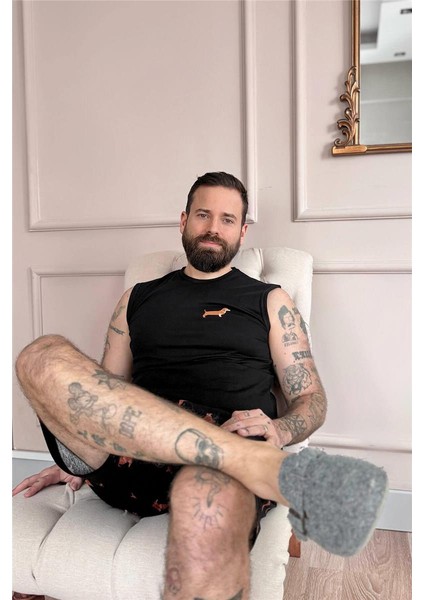 Siyah Dasch Baskılı Sıfır Kol Şortlu Erkek Pijama Takımı