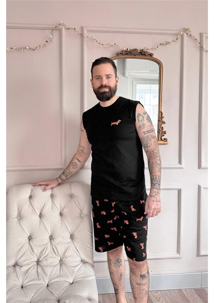 Siyah Dasch Baskılı Sıfır Kol Şortlu Erkek Pijama Takımı
