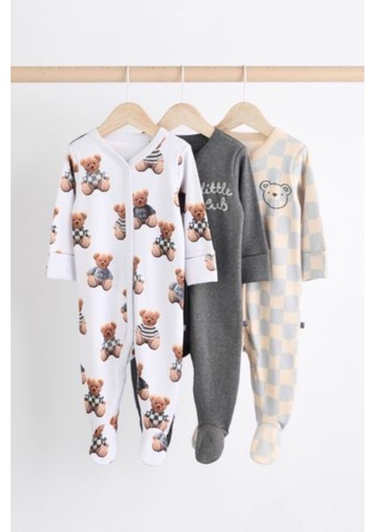 Gri Krem Ayı Desenli 3'lü Tulum Set