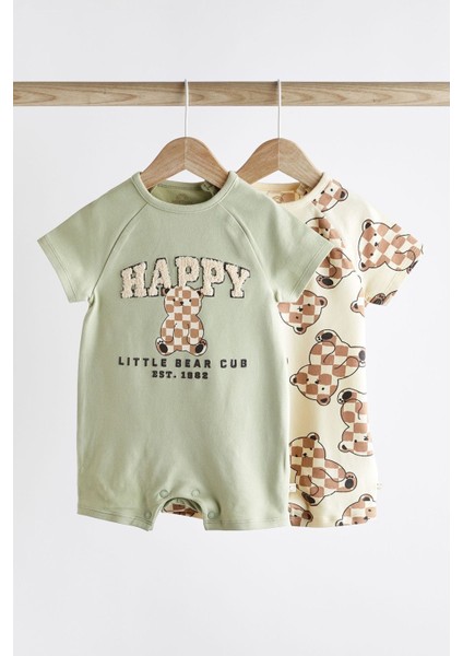 Next Baby Baby Pamuklu Yeşil Ayı Desenli 2’li Romper Set