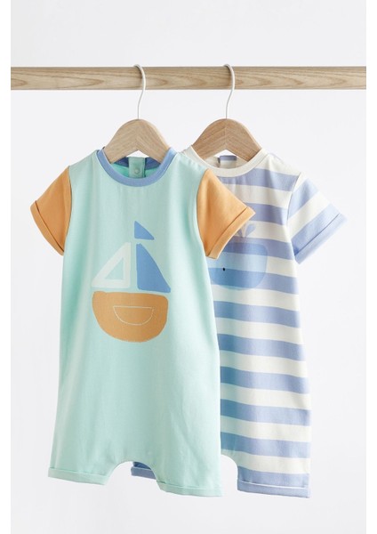 Pamuklu Mavi Gemi Desenli 2’li Romper Set
