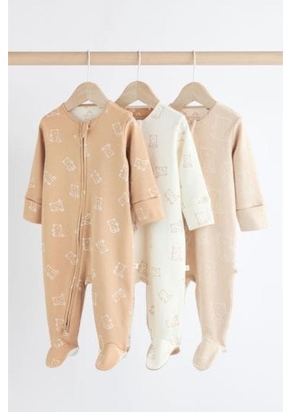Pamuklu Krem Ayıcık Desenli 3'lü Tulum Set