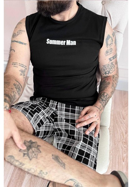 Siyah Superman Baskılı Sıfır Kol Şortlu Erkek Pijama Takımı