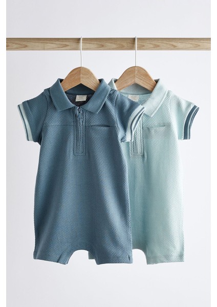 Pamuklu Mavi Polo Yaka 2’li Romper Set