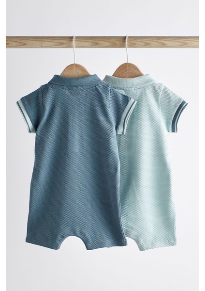 Pamuklu Mavi Polo Yaka 2’li Romper Set