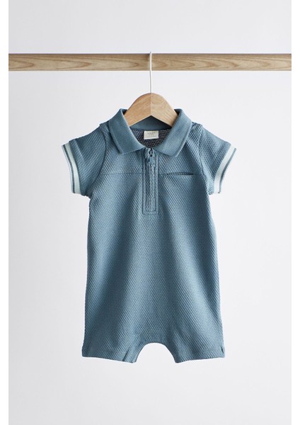 Pamuklu Mavi Polo Yaka 2’li Romper Set