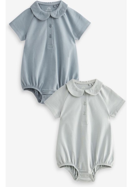 Pamuklu Mavi Polo Yaka 2’li Romper Set