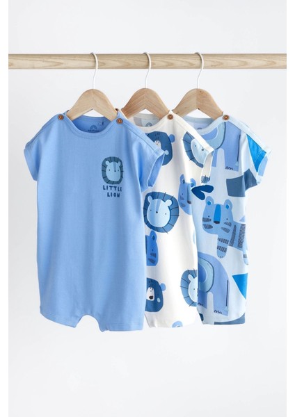 Pamuklu Mavi Hayvan Desenli 3’lü Romper Set