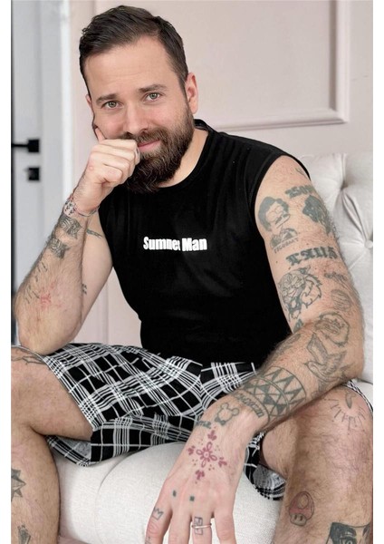 Siyah Superman Baskılı Sıfır Kol Şortlu Erkek Pijama Takımı