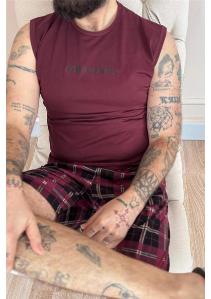 Bordo Original Baskılı Sıfır Kol Şortlu Erkek Pijama Takımı