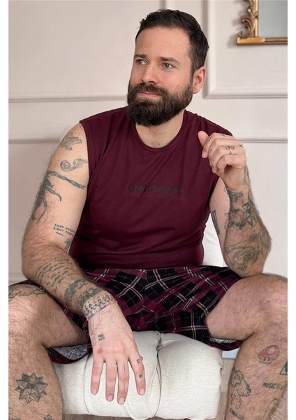 Bordo Original Baskılı Sıfır Kol Şortlu Erkek Pijama Takımı