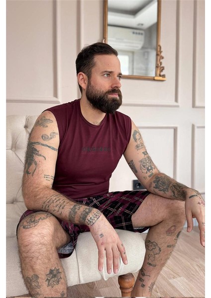 Bordo Original Baskılı Sıfır Kol Şortlu Erkek Pijama Takımı fiyatları