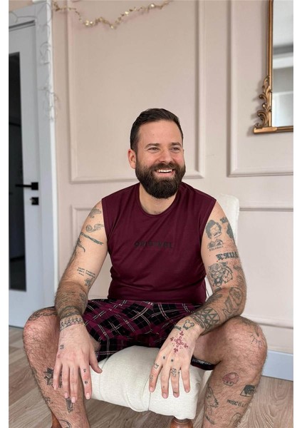 Bordo Original Baskılı Sıfır Kol Şortlu Erkek Pijama Takımı modelleri
