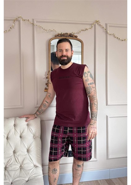 Bordo Original Baskılı Sıfır Kol Şortlu Erkek Pijama Takımı indirimleri