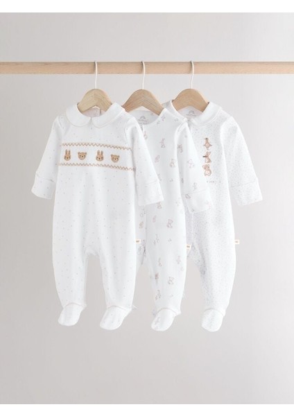 Next Baby Pamuklu Beyaz Hayvan Nakış Desenli 3'lü Tulum Set