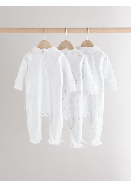 Next Baby Pamuklu Beyaz Hayvan Nakış Desenli 3'lü Tulum Set