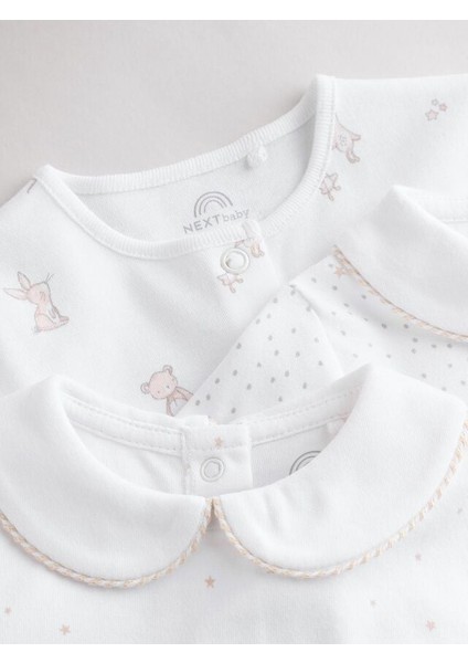 Next Baby Pamuklu Beyaz Hayvan Nakış Desenli 3'lü Tulum Set