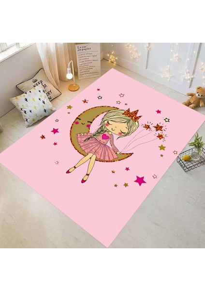 Ay Üstündeki Oturan Kız Modeli Kız Çocuk Odası Halısı Pembe Renkli Halılar