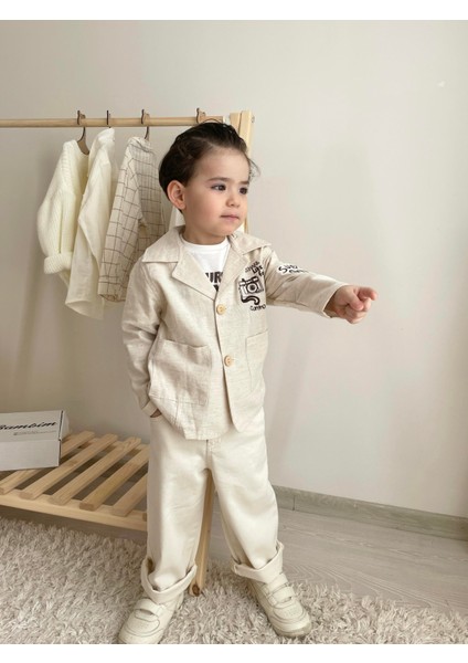 Keten Ceketli 3'lü Erkek Çocuk Takım Bej