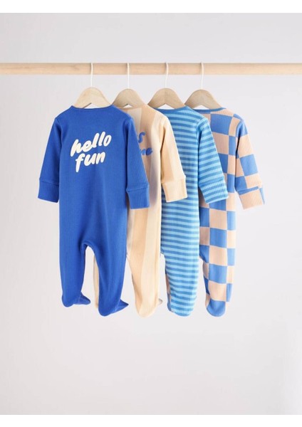 Pamuklu Mavi Baskılı Fermuarlı 4'lü Tulum Set