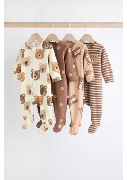 Pamuklu Krem Ayıcık Desenli 4'lü Tulum Set