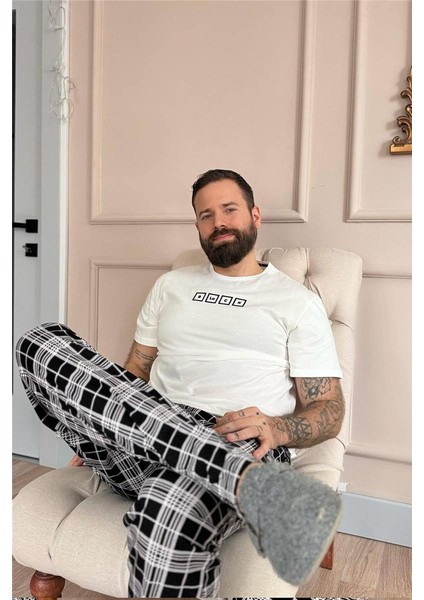 Ekru Black Baskılı Kısa Kol Erkek Pijama Takımı