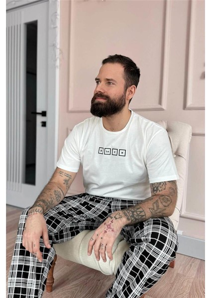 Ekru Black Baskılı Kısa Kol Erkek Pijama Takımı