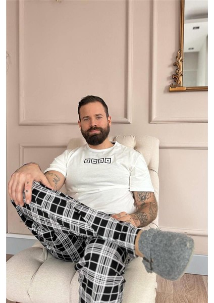 Ekru Black Baskılı Kısa Kol Erkek Pijama Takımı