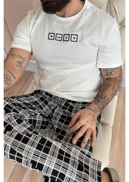 Ekru Black Baskılı Kısa Kol Erkek Pijama Takımı