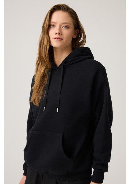 Siyah Geniş Kalıp Kapüşonlu Sweatshirt Hooded Sweat