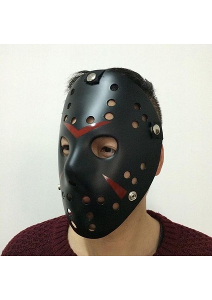 Siyah Renk Kırmızı Çizgili Tam Yüz Hokey Jason Maskesi Hannibal Maskesi