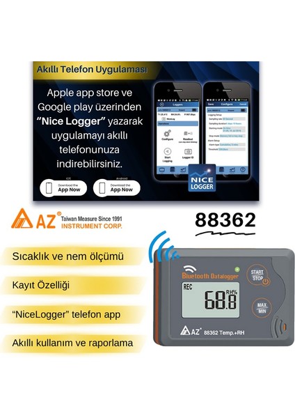 Az 88362 Sıcaklık Nem Kayıt Cihazı Datalogger | Akıllı Telefon Uyumlu modelleri