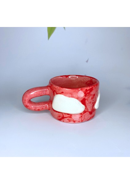 El Yapımı Seramik Kupa - Bulut Desenli Kupa - Pembe Kırmızı - 200 ml - Tekli indirimleri