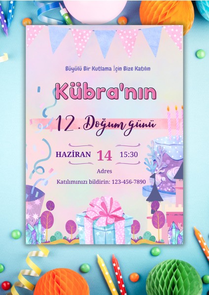 Doğum Günü Özel Gün Davetiyesi 12 Adet Kişiselleştirilebilir