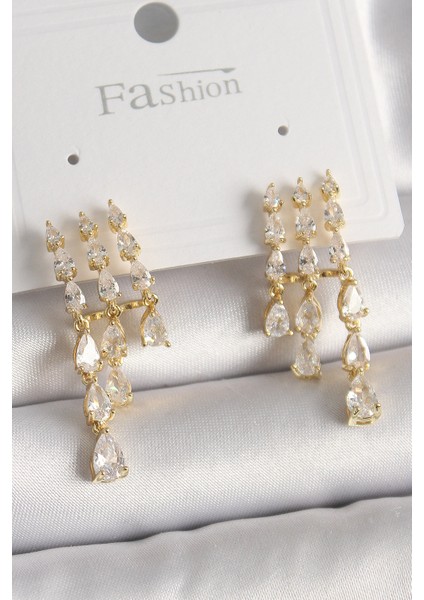 Pirinç Gold Renk Zirkon Taşlı Yağmur Model Kadın Küpe - TJ-BKP9935