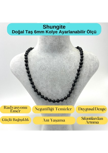 Sertifikalı Shungite Doğal Taş 6mm Makrome Kolye 45 cm- 55 cm Ayarlanabilir Ölçü