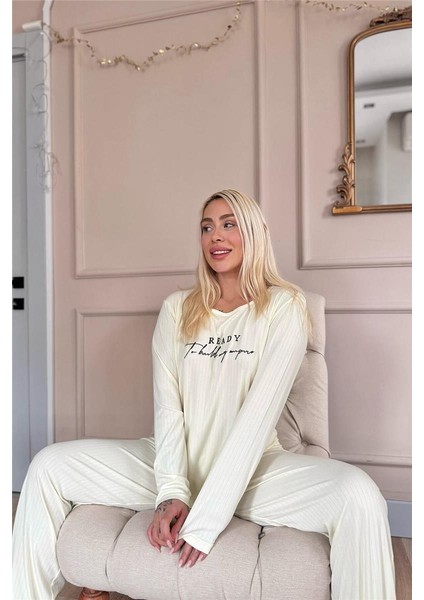Ekru Ready Dublin Uzun Kollu Kadın Pijama Takımı