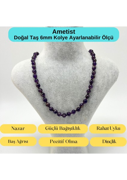 Sertifikalı Ametist Doğal Taş 6mm Makrome Kolye 45 cm- 55 cm Ayarlanabilir Ölçü indirimleri
