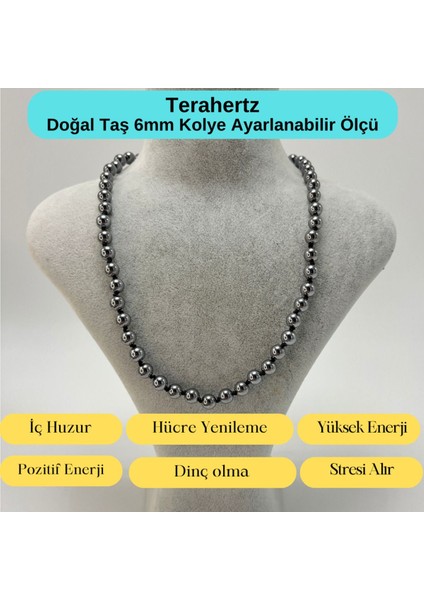 Sertifikalı Terahertz Doğal Taş 6mm Makrome Kolye 45 cm- 55 cm Ayarlanabilir Ölçü