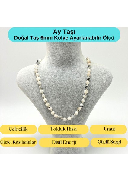 Sertifikalı Ay Taşı Doğal Taş 6mm Makrome Kolye 45 cm- 55 cm Ayarlanabilir Ölçü